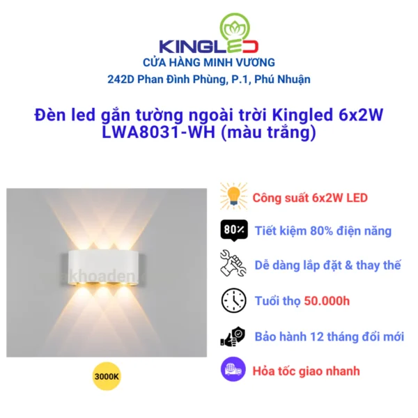 ĐÈN GẮN TƯỜNG NGOÀI TRỜI KINGLED 6Wx2 LWA8031-BK/WH - Hình ảnh 2